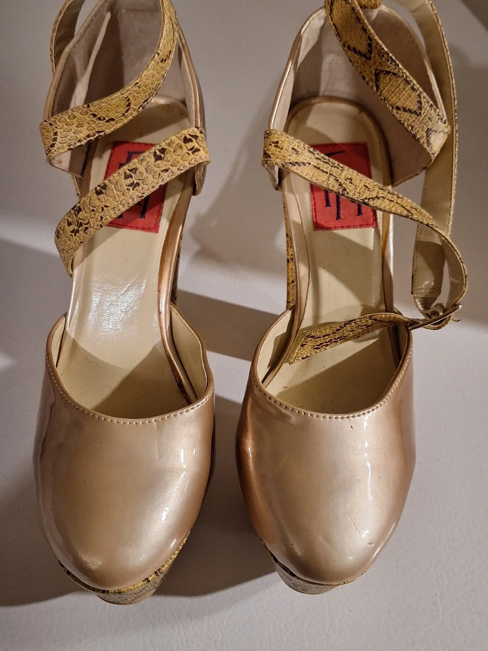 Women's Gold Platform Heels with Snake-Print Straps